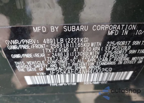 2022 Subaru Forester Premium из США, поврежденный, VIN JF2SKAEC4NH400259